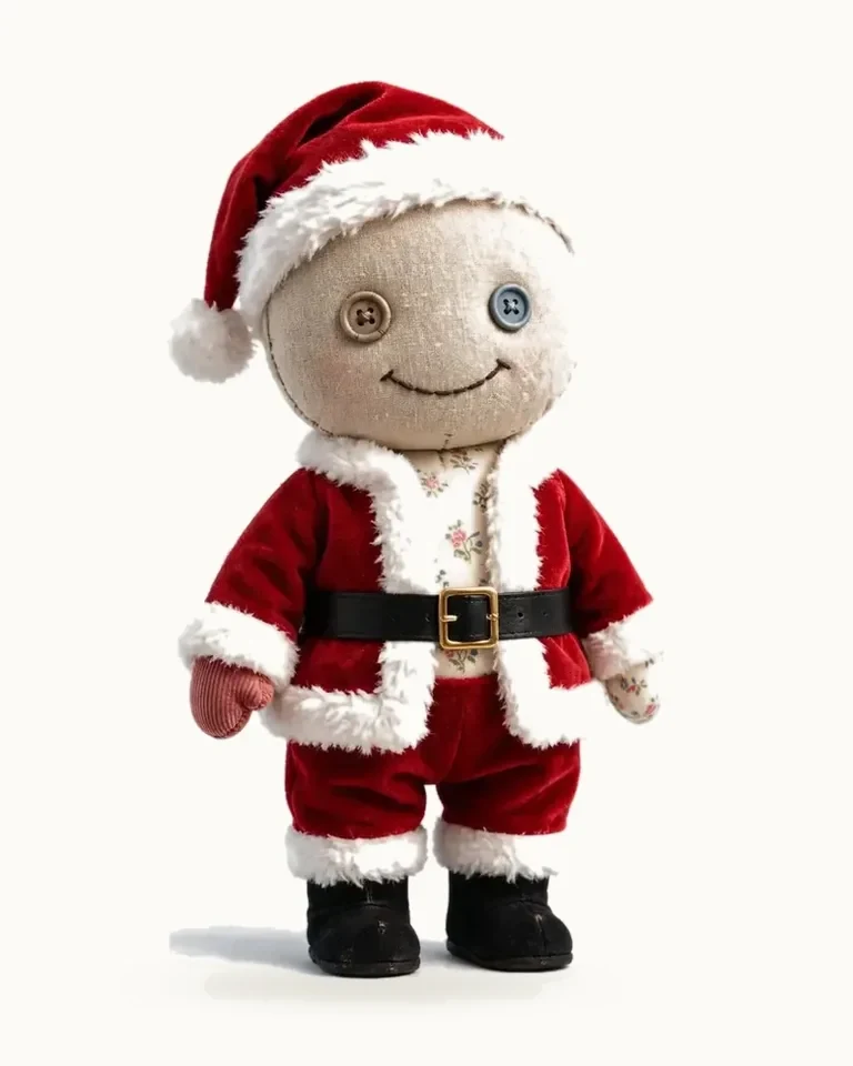 Darn the patchwork doll wearing the Santa outfit — a kept character in new clothes