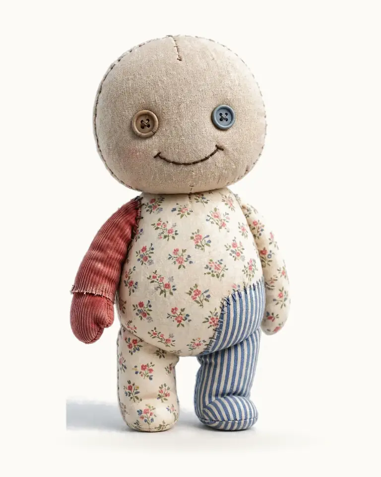 Darn, a patchwork doll with mismatched button eyes