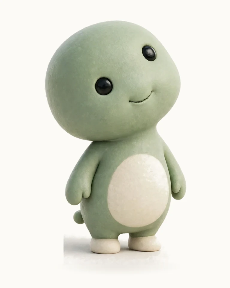 Tilt, a small matte clay figure whose head tilts curiously